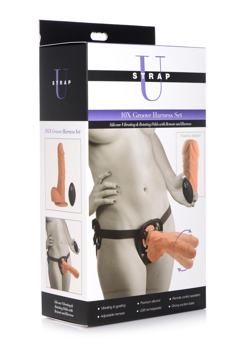 Strap U Groove Harness Set Silicone Vibrating & Rotating Dildo with Remote Control & Harness